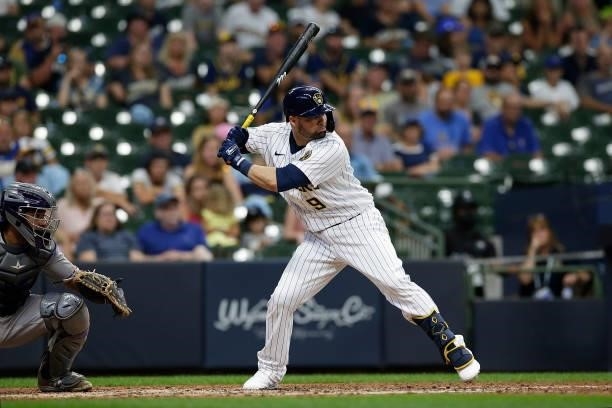 Manny Pina of the Milwaukee Brewers up to bat against the Colorado Rockies at American Family Field on June 25, 2021 in Milwaukee, Wisconsin. Brewers...