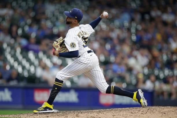 Devin Williams of the Milwaukee Brewers throws a pitch against the Colorado Rockies at American Family Field on June 25, 2021 in Milwaukee,...