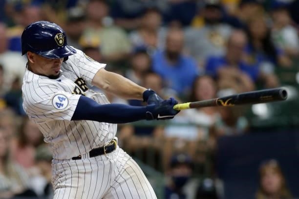 Willy Adames of the Milwaukee Brewers swings at a pitch against the Colorado Rockies at American Family Field on June 25, 2021 in Milwaukee,...