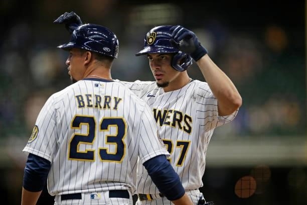 Willy Adames of the Milwaukee Brewers reacts toward the bench after hitting a single against the Colorado Rockies at American Family Field on June...