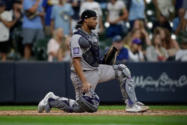 Yonathan Daza of the Colorado Rockies looks on against the Milwaukee Brewers at American Family Field on June 25, 2021 in Milwaukee, Wisconsin....