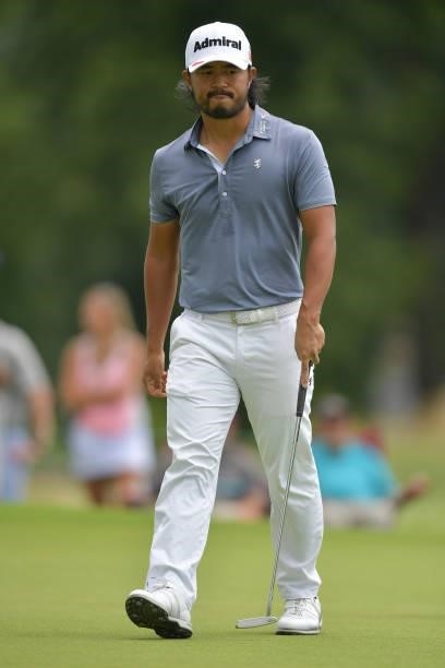 Satoshi Kodaira of Japan reacts on the fourth green during the third round of the Travelers Championship at TPC River Highlands on June 26, 2021 in...
