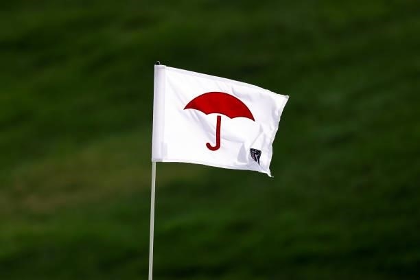 Detail view of the 18th flagstick during the third round of the Travelers Championship at TPC River Highlands on June 26, 2021 in Cromwell,...