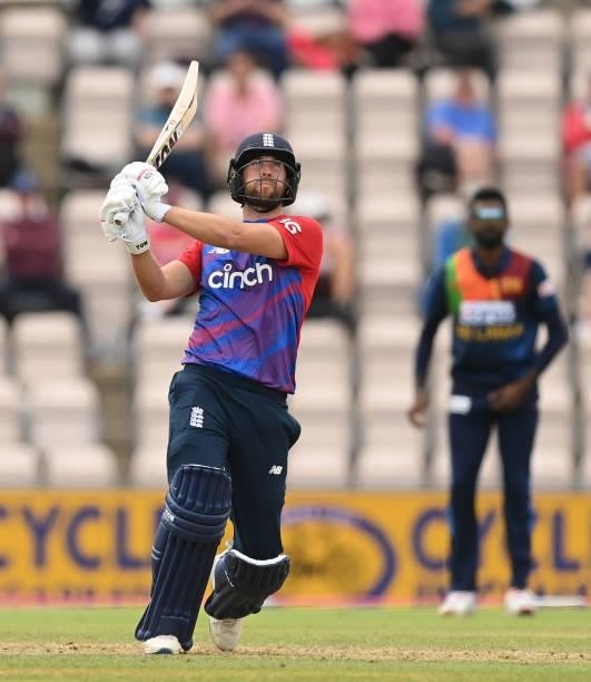 Dawid Malan of England hits a six during the third T20 International between England and Sri Lanka at the Ageas Bowl on June 26, 2021 in Southampton,...