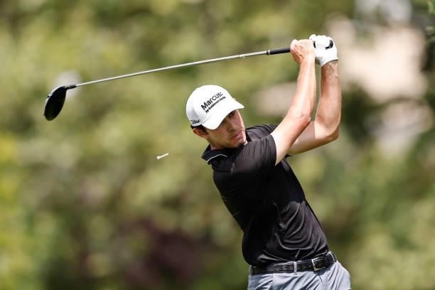Patrick Cantlay of the United States plays his shot from the sixth tee during the third round of the Travelers Championship at TPC River Highlands on...