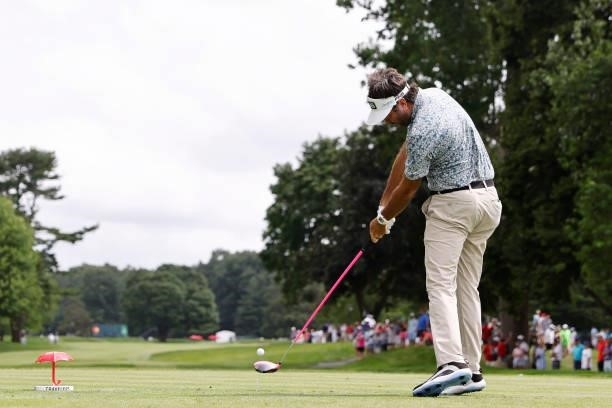 Bubba Watson of the United States plays his shot from the sixth tee during the third round of the Travelers Championship at TPC River Highlands on...