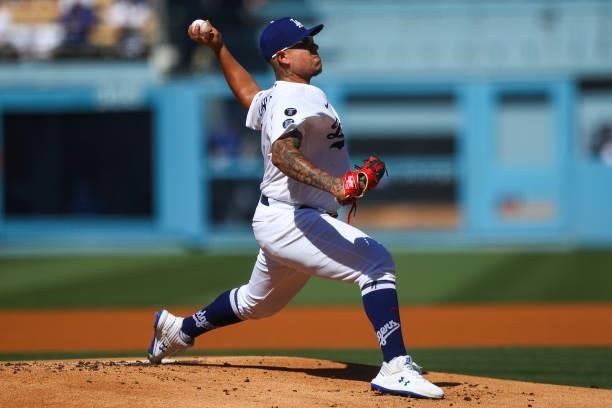 Julio Urias of the Los Angeles Dodgers pitches in the first inning against the Chicago Cubs at Dodger Stadium on June 26, 2021 in Los Angeles,...