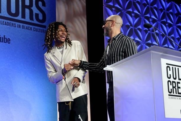 Note Marcato and Swizz Beatz speak onstage during the 5th Annual Innovators & Leaders Awards Brunch hosted by Culture Creators at The Beverly Hilton...