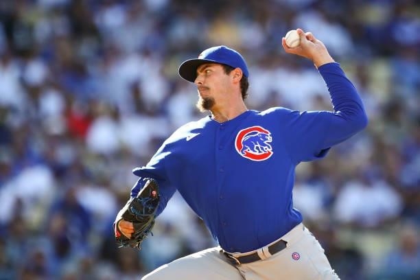 Brad Wieck of the Chicago Cubs pitches in the fifth inning against the Los Angeles Dodgers at Dodger Stadium on June 26, 2021 in Los Angeles,...