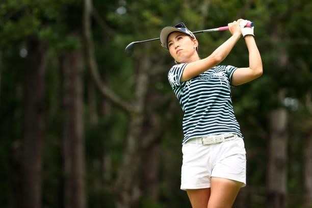 Momoko Ueda of Japan hits her tee shot on the 9th hole during the final round of the Earth Mondamin Cup at Camellia Hills Country Club on June 27,...