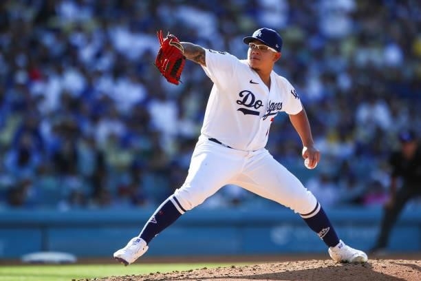 Julio Urias of the Los Angeles Dodgers pitches in the fifth inning against the Chicago Cubs at Dodger Stadium on June 26, 2021 in Los Angeles,...