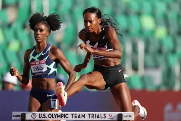 Dalilah Muhammad and Ashley Spencer compete in the Women's 400 Meters Hurdles Semi-Finals on day nine of the 2020 U.S. Olympic Track & Field Team...