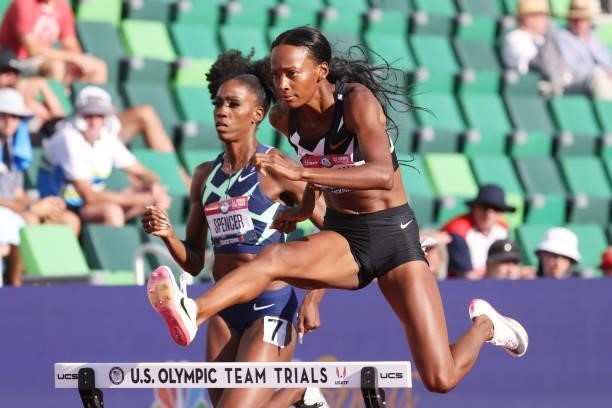 Dalilah Muhammad and Ashley Spencer compete in the Women's 400 Meters Hurdles Semi-Finals on day nine of the 2020 U.S. Olympic Track & Field Team...