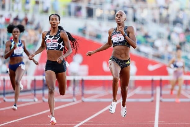 Dalilah Muhammad and Shamier Little compete in the Women's 400 Meters Hurdles Semi-Finals on day nine of the 2020 U.S. Olympic Track & Field Team...