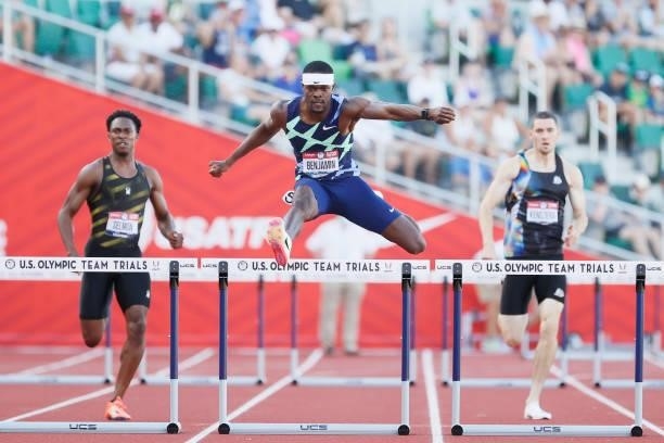 Rai Benjamin competes in the Men's 400 Meters Hurdles Finals on day nine of the 2020 U.S. Olympic Track & Field Team Trials at Hayward Field on June...