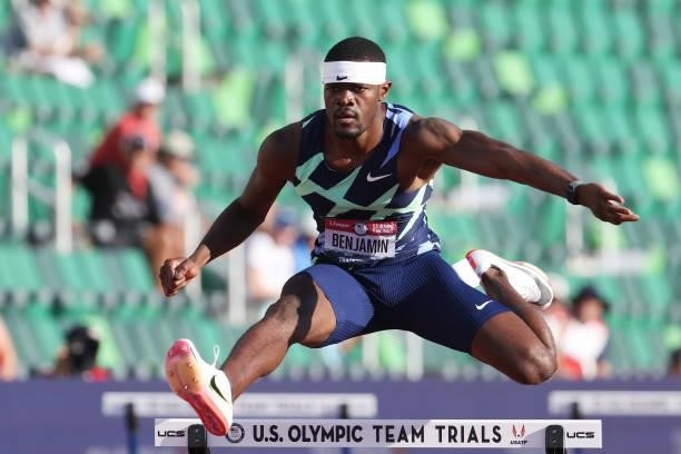 Rai Benjamin competes in the Men's 400 Meters Hurdles Finals on day nine of the 2020 U.S. Olympic Track & Field Team Trials at Hayward Field on June...