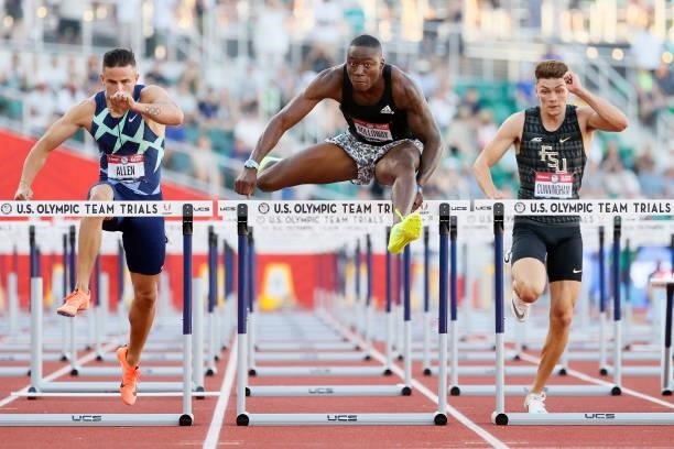 Devon Allen, Grant Holloway and Trey Cunningham compete in the Men's 110 Meters Hurdle Final on day nine of the 2020 U.S. Olympic Track & Field Team...