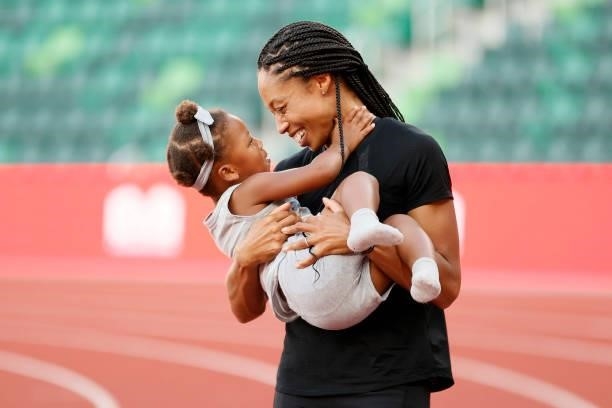 Allyson Felix celebrates with her daughter Camryn after day nine of the 2020 U.S. Olympic Track & Field Team Trials at Hayward Field on June 26, 2021...