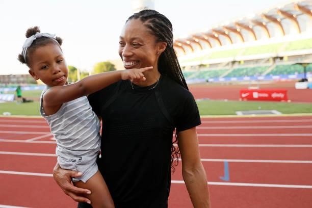 Allyson Felix celebrates with her daughter Camryn after day nine of the 2020 U.S. Olympic Track & Field Team Trials at Hayward Field on June 26, 2021...