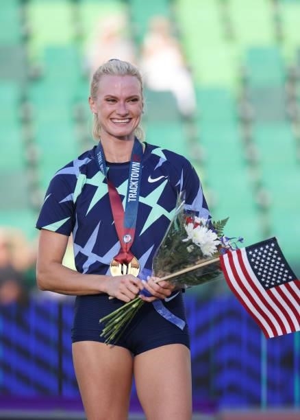 Katie Nageotte, first, celebrates on the podium after the Women's Pole Vault Final on day nine of the 2020 U.S. Olympic Track & Field Team Trials at...