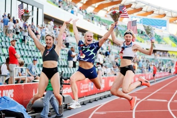 Katie Nageotte , first, Morgann LeLeux , second, and Sandi Morris, third, celebrate after the Women's Pole Vault Final on day nine of the 2020 U.S....