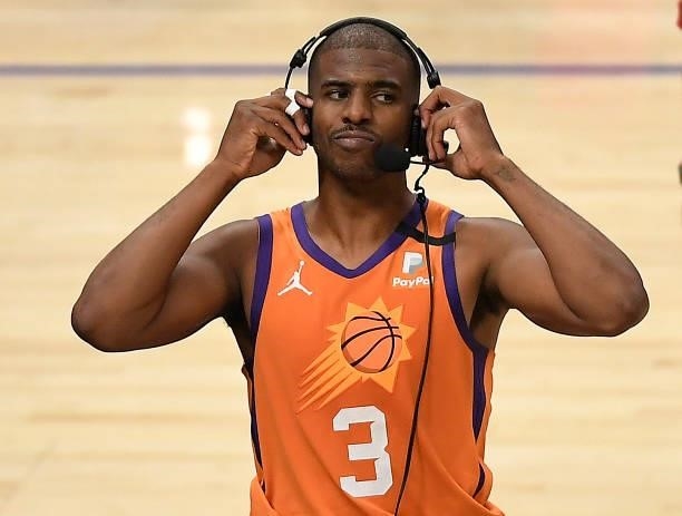 Chris Paul of the Phoenix Suns talks to the media following a win against the LA Clippers in game four of the Western Conference Finals at Staples...