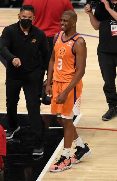 Chris Paul of the Phoenix Suns celebrates a win against the LA Clippers in game four of the Western Conference Finals at Staples Center on June 26,...