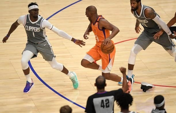Chris Paul of the Phoenix Suns loses a shoe against the LA Clippers during the second half in game four of the Western Conference Finals at Staples...