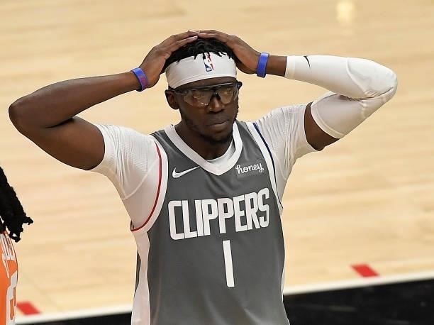 Reggie Jackson of the LA Clippers reacts against the Phoenix Suns during the second half in game four of the Western Conference Finals at Staples...
