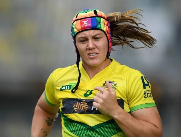 Sharni Williams of Australia warms up during the Oceania Sevens Challenge match between Australia and Oceania at Queensland Country Bank Stadium on...