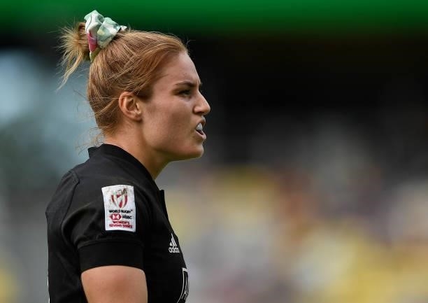 Michaela Blyde of New Zealand looks on during the Oceania Sevens Challenge match between New Zealand and Fiji at Queensland Country Bank Stadium on...