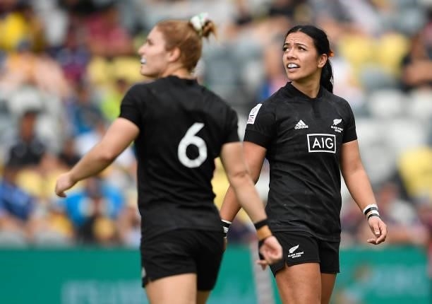 Stacey Waaka and Michaela Blyde of New Zealand look on during the Oceania Sevens Challenge match between New Zealand and Fiji at Queensland Country...