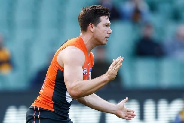 Toby Greene of the Giants celebrates a goal during the round 15 AFL match between the Greater Western Sydney Giants and the Hawthorn Hawks at...