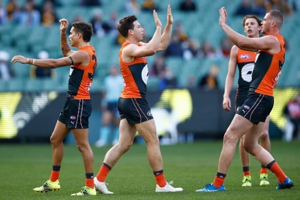 Toby Greene of the Giants celebrates a goal during the round 15 AFL match between the Greater Western Sydney Giants and the Hawthorn Hawks at...