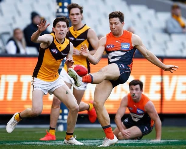 Toby Greene of the Giants attempts to kick a goal during the round 15 AFL match between the Greater Western Sydney Giants and the Hawthorn Hawks at...