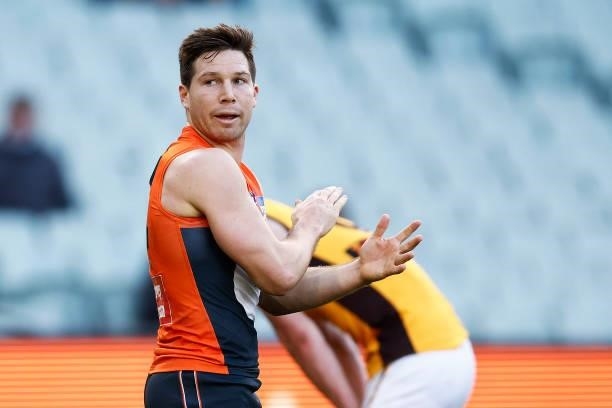 Toby Greene of the Giants reacts after missing a goal during the round 15 AFL match between the Greater Western Sydney Giants and the Hawthorn Hawks...