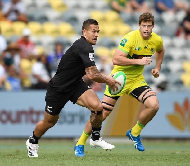 Trael Joass of New Zealand runs the ball during the Oceania Sevens Challenge match between New Zealand and Australia at Queensland Country Bank...