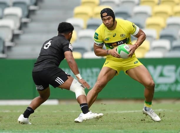 Pama Fou of Australia looks to get past Vilimoni Koroi of New Zealand during the Oceania Sevens Challenge match between New Zealand and Australia at...