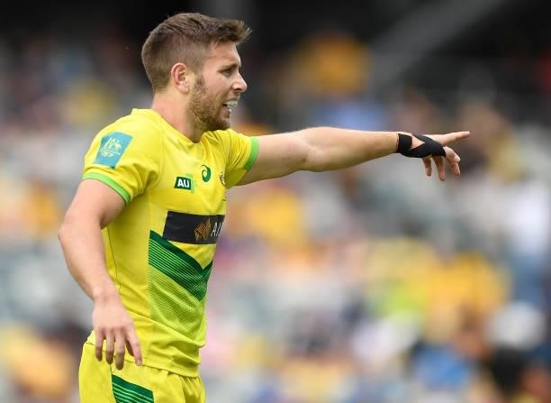 Josh Turner of Australia gestures during the Oceania Sevens Challenge match between New Zealand and Australia at Queensland Country Bank Stadium on...