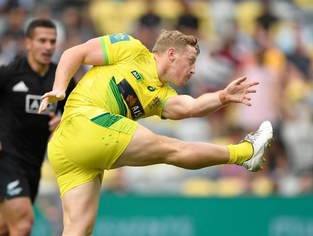 Lachlan Miller of Australia kicks the ball during the Oceania Sevens Challenge match between New Zealand and Australia at Queensland Country Bank...