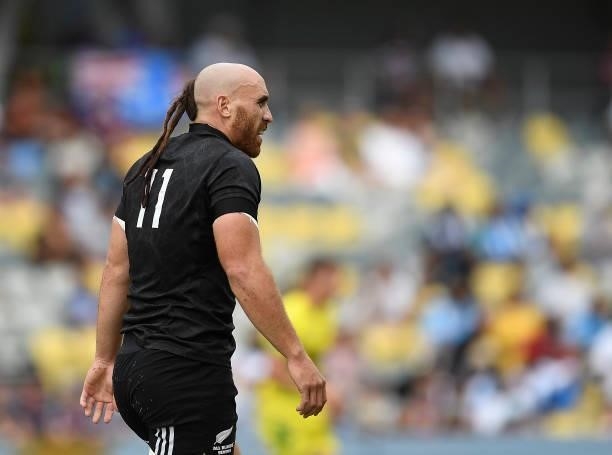 Joe Webber of New Zealand looks on during the Oceania Sevens Challenge match between New Zealand and Australia at Queensland Country Bank Stadium on...