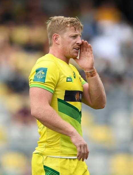 Lachlan Miller of Australia gestures during the Oceania Sevens Challenge match between New Zealand and Australia at Queensland Country Bank Stadium...
