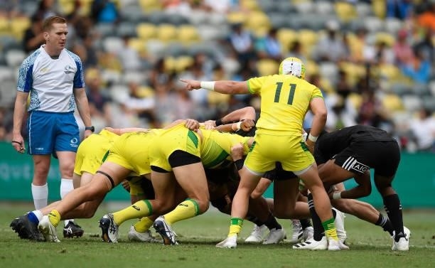 Scrum is seen during the Oceania Sevens Challenge match between New Zealand and Australia at Queensland Country Bank Stadium on June 27, 2021 in...