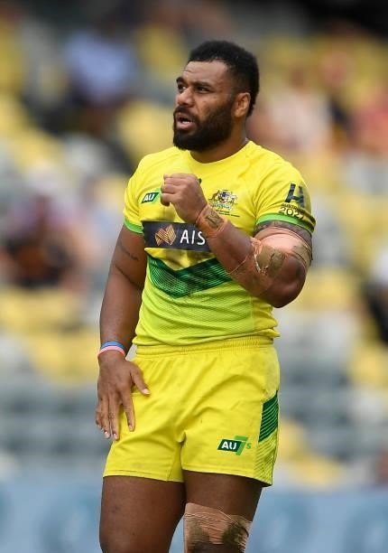 Samu Kerevi of Australia looks on during the Oceania Sevens Challenge match between New Zealand and Australia at Queensland Country Bank Stadium on...
