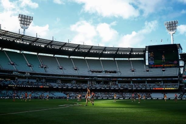 General view as Tim O'Brien of the Hawks lines up for goal during the round 15 AFL match between the Greater Western Sydney Giants and the Hawthorn...