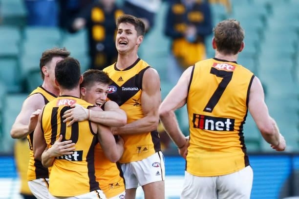 Dylan Moore of the Hawks celebrates a goal during the round 15 AFL match between the Greater Western Sydney Giants and the Hawthorn Hawks at...
