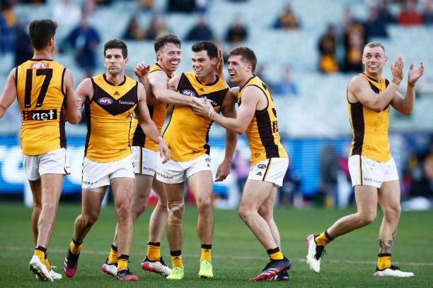 Jaeger O'Meara of the Hawks celebrates a goal during the round 15 AFL match between the Greater Western Sydney Giants and the Hawthorn Hawks at...