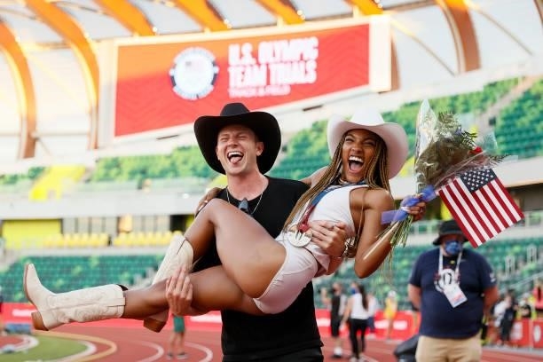 Tara Davis, second place in the Women's Long Jump Final, celebrates with boyfriend and Paralympian Hunter Woodhall on day nine of the 2020 U.S....