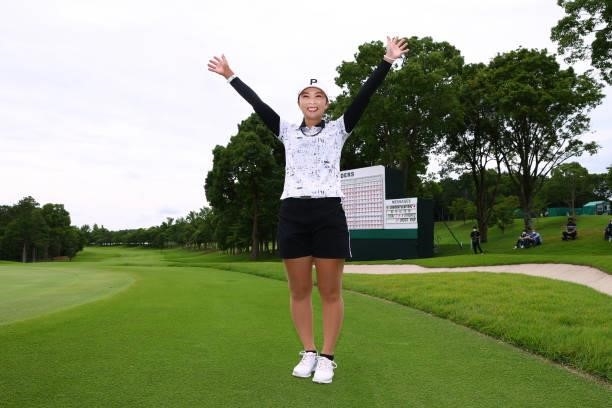 Erika Kikuchi of Japan celebrates winning the tournament on the 18th green during the final round of the Earth Mondamin Cup at Camellia Hills Country...