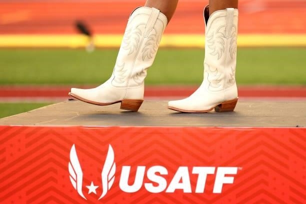 Detail of the boots of Tara Davis, second place in the Women's Long Jump Final, as she celebrates on the podium on day nine of the 2020 U.S. Olympic...